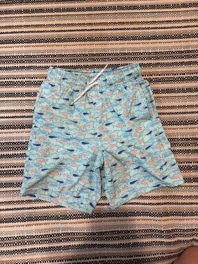 Caribbean Joe Light Blue Swim Trunks with Navy and Coral Fish Print